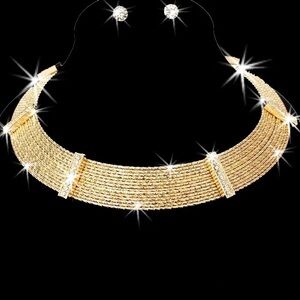 14-Line Diamond Cut Pave Crystal Cleopatra Collar Necklace Studs Gold